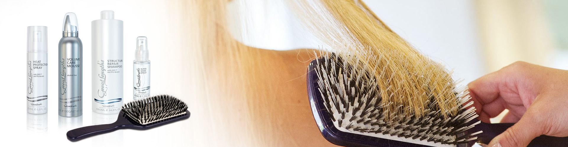 Haarpflegeprodukte und Bürsten von Great Lengths - damit Extensions optimal gepflegt werden (© Great Lengths)
