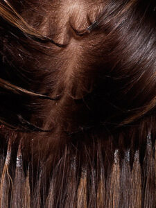 Die Strähnen, die eingearbeitet werden, sind an die Echthaarfarbe angepasst. (© Great Lengths)