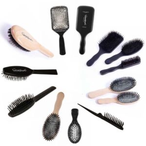 Verschiedene Haarbürsten von Great Lengths in Kreisform angeordnet, geeignet für Eigenhaar und Extensions zur schonenden Entwirrung.