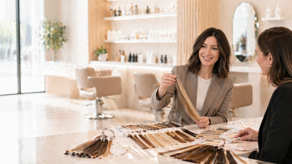 Beratungsgespräch im Friseursalon mit Echthaar-Extensions und Farbmustern von Great Lengths.