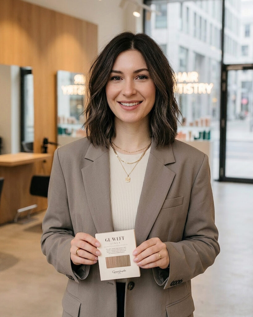 Great Lengths-Beraterin hält eine Produktverpackung in einem modernen Friseursalon.